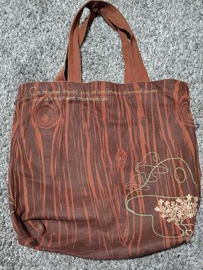 🎉Rust Brown Graphic Canvas Tote Bag with Botanical Accent, French Lettering